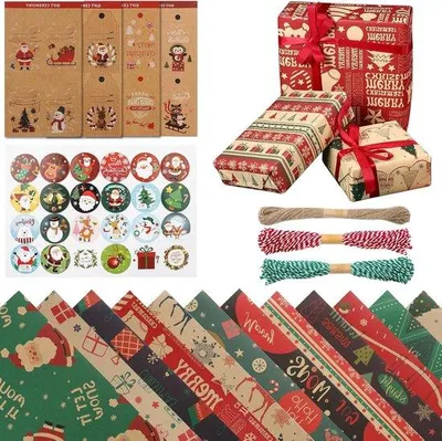 Produktbild von Kerstgeschenkpapier 50x70cm mit Kordel, Etiketten und Aufklebern