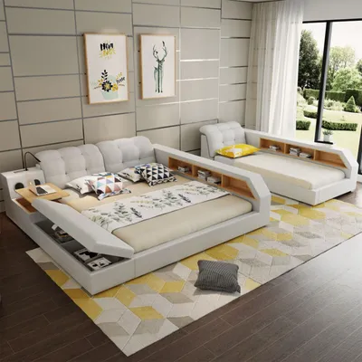 Produktbild von Design Leder Betten Hotel Doppel Ablage Regal 180x200 Multifunktions Bett Luxus