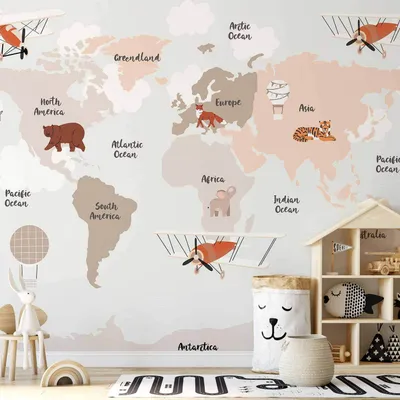 Produktbild von Selbstklebende Folie Fototapete - Map in Shades of Beige - Continents With Animals 294x210 cm Für Kinder e-C-10095-a-a