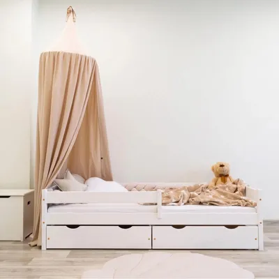 Produktbild von MEBLE WRÓBEL Kinderbett 80x160 cm mit 2 Schublade, Rausfallschutz und Lattenrost - Kinder Bett Montessori - Jugendbet aus Kiefer Massivholz in Weiß - Einzelbett ohne Matratze
