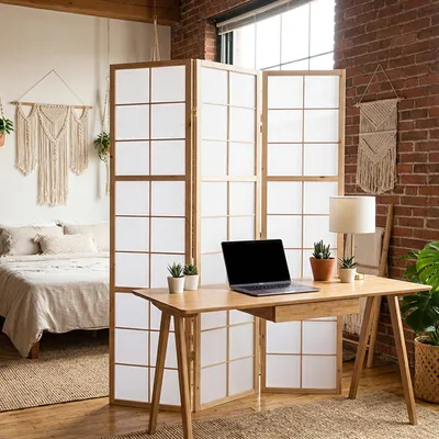Produktbild von Homestyle4u Paravent Raumteiler 3 teilig Indoor Holz Natur Reispapier Weiß Höhe 175 cm