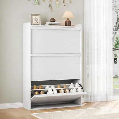 Imagen del producto de Zapatero con 3 puertas, zapatero estrecho, estante para zapatos independiente, mueble para zapatos ideal para pasillos, entradas y salones, dimensiones: 80x26x117 cm
