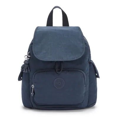 A blue Kipling backpack is shown from the front against a white background.