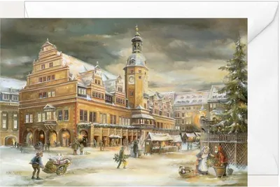 Imagen del producto de Tarjeta de felicitación navideña de Leipzig, con una imagen del antiguo ayuntamiento y motivos festivos