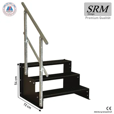 Produktbild von 3 Stufen Standtreppe Modell 2 komplett schwarz Treppe Stahltreppe Tritthöhe 18 cm Breite 160 cm Höhe 54 cm 1x Geländer