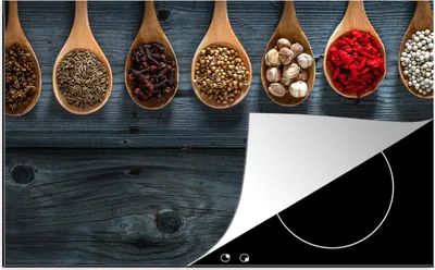 Produktbild von KitchenYeah© Herdabdeckplatte Gewürze - Löffel - Holz - Küche - Gewürze - Industrie , 81x52cm, Küche Deko, Glaskeramikkochfeld Herdabdeckung, Abdeckplatte fùr Kochfeld