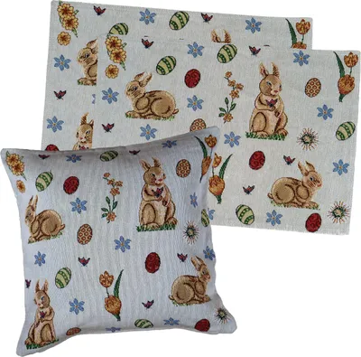 Produktbild von heimtexland ® Gobelin Tischset 2er Pack Ostern Tischdeko mit Baumwolle Osterdeko Untersetzer Esstisch Deko Landhaus Typ884 Platzsets 33x46 cm Hasen Ostereier