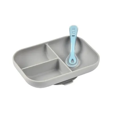 Produktbild von Beaba Geteilter Silikonteller + Loeffel 2. Altersstufe - grau; 913508