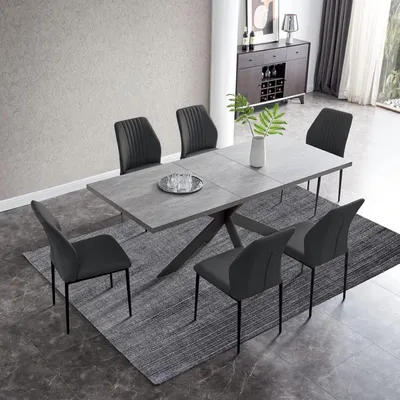 Produktbild von Essgruppe ausziehbarer Tisch mit 6 Stühlen, moderner grauer MDF-Holztisch, 130-170cm Tisch + 6 schwarze Stühle