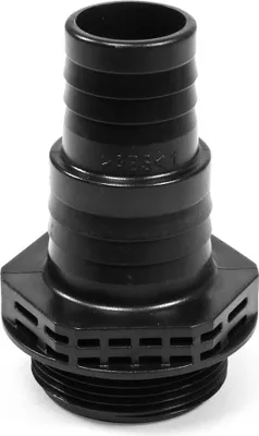 A black plastic pump connector with threaded base and ribbed hose connection.