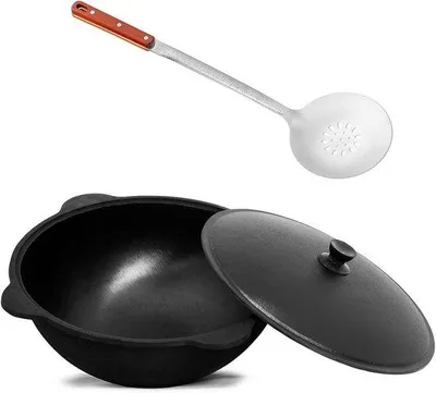 Produktbild von Famanu Gusseisen Wok Kazan 10L mit Schaumkelle und Aluminiumdeckel - Ideal für das Kochen im Freien