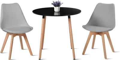 Image de HJ_WeDoo Table de salle à manger ronde noire avec 2 chaises de salle à manger grises, Ensemble de salle à manger scandinave 80x80x70cm pour cuisine, bureau, salle de conférence