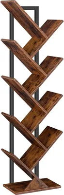 A tall, dark brown, tree-shaped bookshelf with a black metal frame, standing against a white background.