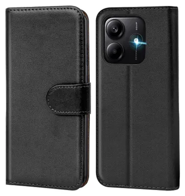 A black flip case for a smartphone is shown open, revealing the phone's camera module.