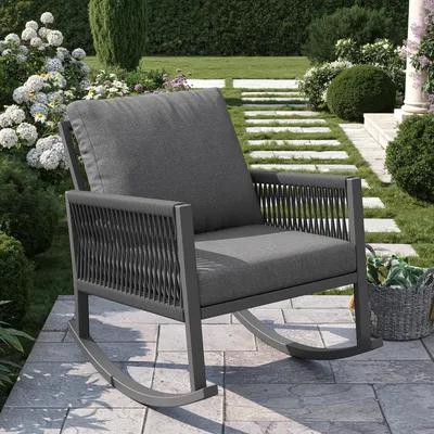 Produktbild von Outdoor Schaukelstuhl mit Kreuzseil-Webtechnik, Wetterfester Gartensessel bis 120kg, Ergonomischer Relaxstuhl inkl. Kissen, 65x79x78cm, Terrasse & Balkon
