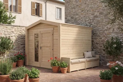 Produktbild von Gartenhaus Killarney, 250x250cm, Naturbelassen, 28mm, Sitztruhe