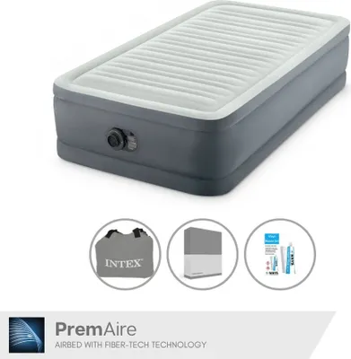Produktbild von Intex Luftbett - 1 Person - 99 x 191 x 46 cm - Grau - Mit elektrischer Pumpe + Spannbettlaken Anthrazit + Reperaturset