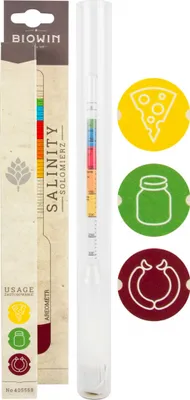 A salinity meter and its packaging are displayed against a white background, with three circular icons representing food items.