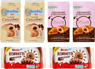 Produktbild von TESTPAKET Cornetti Cioccolato Kinder Kornetti - Bauli - Mulino Bianco Mit Schokolade Gefüllte Croissants 36 Croissants
