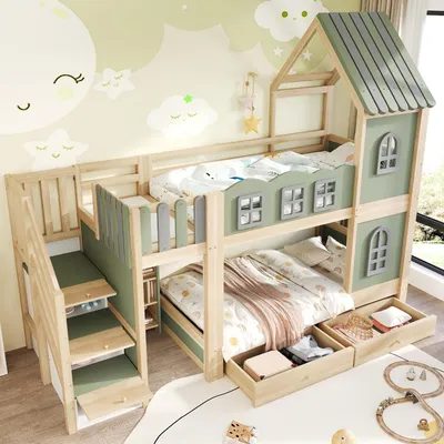 Produktbild von MODFU Etagenbett 90 x 200 mit Häuschen-Design,Kinderbett mit Sicherheitsgitter,Stauraumleiter,Doppelbett mit Fenstern,Schubladen und Regalen,ohne Matratze,Grün