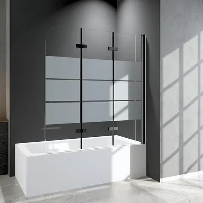 Produktbild von Duschabtrennung für Badewanne 3-teilig 130x140cm Schwarz Duschwand, Faltbar Gestreift Glas Badewannenaufsatz Duschwand aus 6mm ESG Sicherheitsglas, Badewannenfaltwand für Badewanne