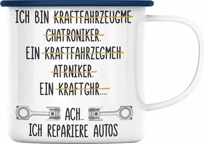 Produktbild von Trendation - KFZ Mechaniker Geschenk Lustig Emaille Tasse mit Spruch für Automechaniker Geschenkidee Emaille Emaille Tasse Werkstatt (Blau)