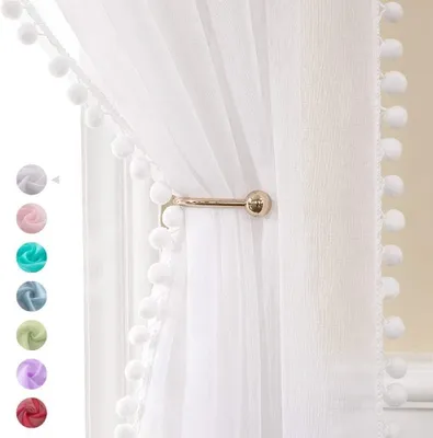 Immagine prodotto di Omgoods - Tende a pompon trasparenti - Tende in voile bianche per cameretta - 140 cm - Set di 2