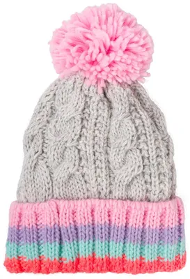 Produktbild von styleBREAKER Kinder Strick Bommelmütze mit Zopfmuster und gestreifter Krempe, Fleece Futter Winter, 3-5 Jahre 04024206