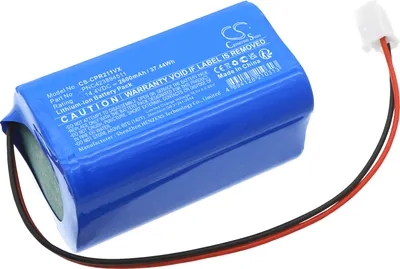 A blue lithium-ion battery pack with a white connector and red and black wires.