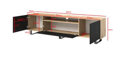 Produktbild von TV-Schrank 200 cm, Fernsehtisch, Lowboard, Mattschwarz, schwarze Metallfüße, Modernes Design, "Masimo"