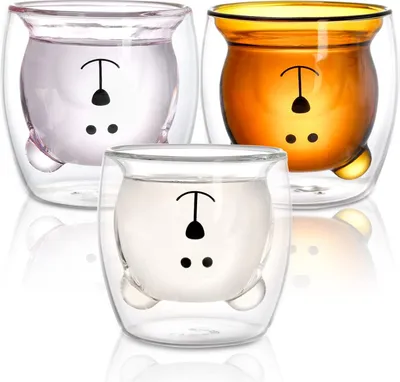 Produktbild von 3 Stück Doppelwandige Gläser, Süße Bär Tassen Teegläser Kaffeeglas, 250ml Latte Macchiato Gläser Milchbecher Espressotasse Geburtstagsgeschenk (Glücklicher Bär)