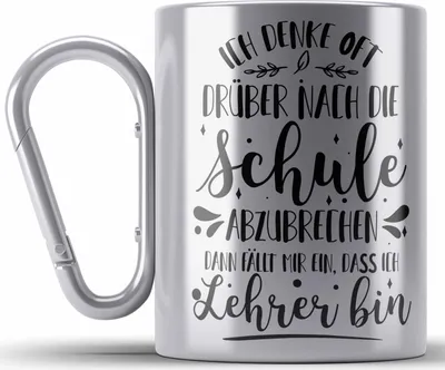Produktbild von Trendation - Lehrer Edelstahl Tasse Karabiner Spruch Geschenk Karabiner Edelstahl Tasse Karabiner Edelstahl Geschenkidee für Deutschlehrer, Englischlehrer, Mathelehrer, Klassenlehrer (Silber)