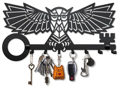 Uilförmiger Wandschlüsselhalter mit 7 Haken, schwarz, 300x153 mm