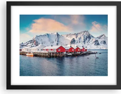 Produktbild von Gerahmtes Poster - Schwarzer Rahmen - Lofoten Dorf Angeln - 40x30 cm - Wand Bild - Wanddeko - Wandbilder - Kunstposter - Wandposter - Bilderrahmen - Bilder - Kunstdruck - P2BAA40x30-4762