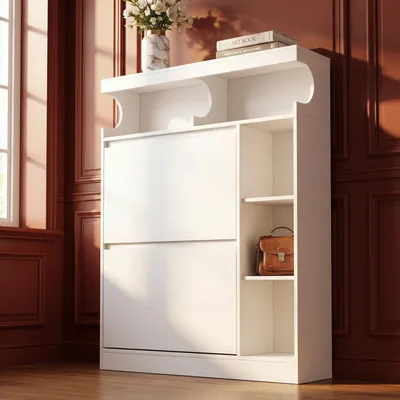 Produktbild von Schuhschrank mit 2 Klappen, 3 Ablagefächer, 2 Geschossig Offen | Schmal Schuhschrank, Trennwand Verstellbar, Platzsparend, 12–15 Paar, für Flur