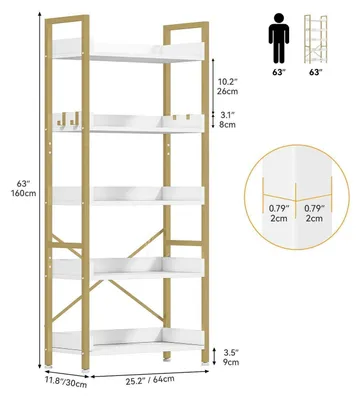 Immagine prodotto di Libreria a 5 ripiani, stretta, in legno e metallo, finitura dorata, dimensioni 64x30x160 cm