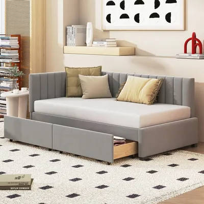 Produktbild von Schlafsofa mit Bettfunktion, Lattenrost und Schubladen, 90x200cm, Einzelbett, Polsterbett, Samt