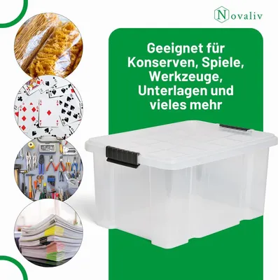 Produktbild von Novaliv 2x Aufbewahrungsboxen mit Deckel 15L transparente Nestbar stapelbare Storage boxes mit Clipverschluss Kunststoffbox BPA-frei 41 x 29 x 20 cm