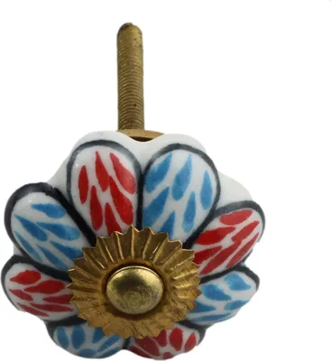 Produktbild von Möbelknauf aus Keramik Shabby Chic Rosette - Blume - blau-rot
