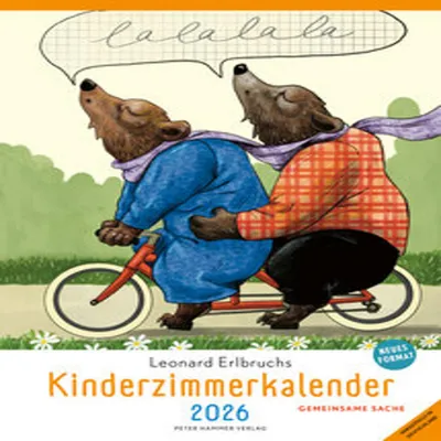 Two bears riding a bicycle, with a speech bubble above them.