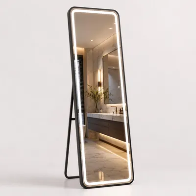 Productafbeelding van Relaxdays Lichaamsspiegel met verlichting, 160 x 50 cm, rechthoekig, 2-in-1: vrijstaande spiegel en wandspiegel, metaal, zwart
