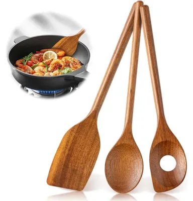 Obrázek produktu pro Dřevěné vařečky, sada 3 kusů, 30 cm a 25 cm, vhodné pro nepřilnavé a keramické pánve, žáruvzdorné, odolné proti poškrábání