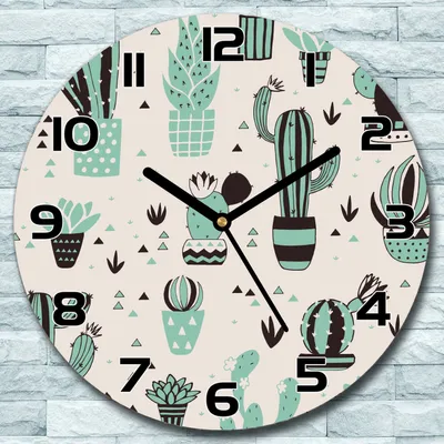 Produktbild von Wanduhr aus Glas Rund fi 30  Kakteentöpfe Quarz Deko Schlafzimmer Büro