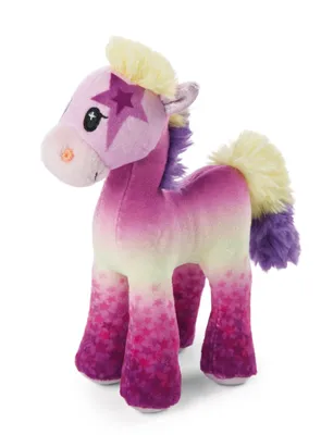 A plush toy unicorn with a pink and purple gradient body and yellow mane and tail, standing on a white background.