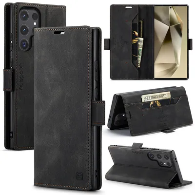 Produktbild von Galaxy S24 Ultra Brieftasche Hülle, Retro Kunstledertasche Stand Schutzhülle für Samsung Galaxy S24 Ultra Schwarz