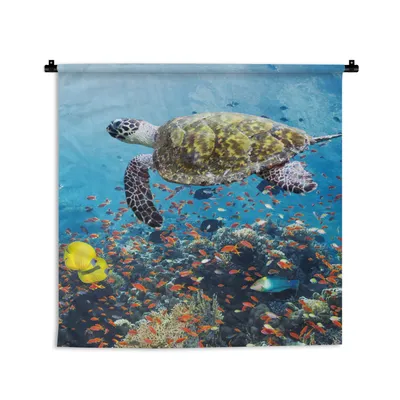 Produktbild von MuchoWow® Wandteppich Wandbehang Schildkröte am Korallenriff 90x90 cm Tapisserie Dekoration Wandtuch - Wandaufhänger