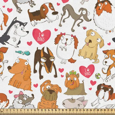 Produktbild von ABAKUHAUS Hundeliebhaber Gewebe als Meterware, Karikatur-Eckzähne Bullterrier-Dobermann-Husky Spaniel-Liebes-Thema-lustige Charaktere, 1 M (148 x 100 cm), Mehrfarbig