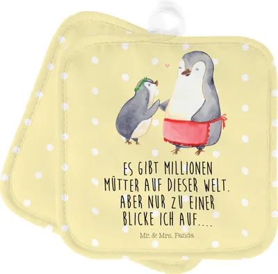 Produktbild von Mr. & Mrs. Panda Topflappen Pinguin mit Kind - Gelb Pastell - Geschenk, Muttertag, Topfuntersetzer, Vorbild Mama, Mutter, Tochter, Set, topfhalter, Ofenlappen, 2er