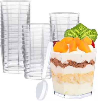 Obrázek produktu pro Sada obsahující 50 průhledných dezertních kelímků (160 ml) + 50 opakovaně použitelných lžiček