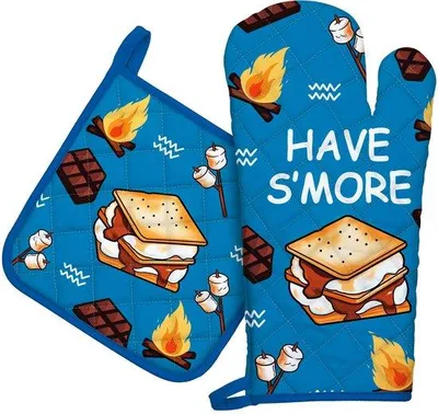 Immagine prodotto di Set di 2 guanti da forno e presine Unyqoos®, 100% cotone, resistenti al calore fino a 260 °C, guanto 19x35 cm, presine 22x22 cm, design dipinto a mano